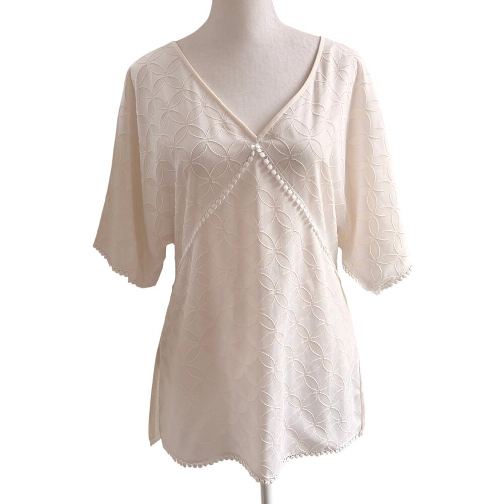 St. John‎ White Medallion Fil Coupe Lace Textured Blouse Women's Size XS / 2
